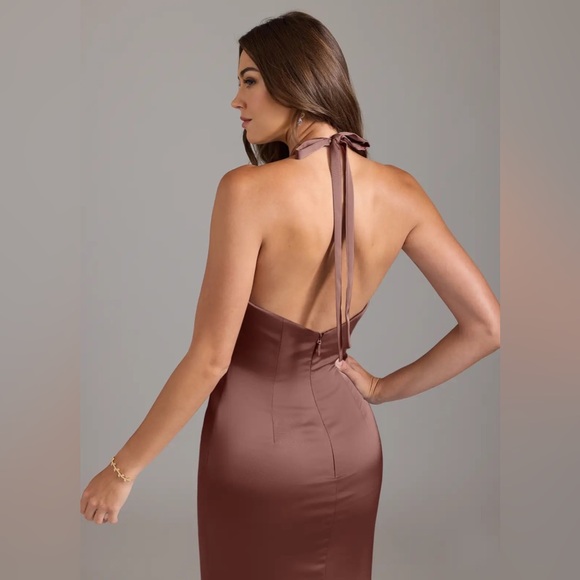 NWT Azazie Valerie Stretch Espresso Mermaid Pleated Stretch Satin Dress  Size 12